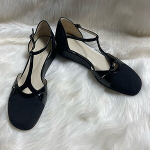 Rangoni black patent leather and nylon ankle T Strap wedge shoes size 10 .